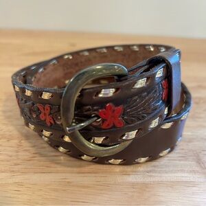 Sheyenne Leather‎ carved Embroidered Painted Flower Red Western belt sz 28 gold